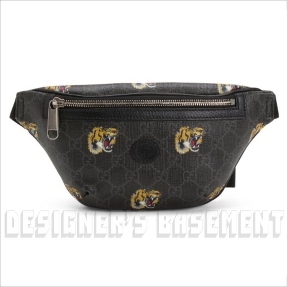 GUCCI black leather TIGER HEAD GG Supreme canvas crossbody 80-32 Belt BUM bag - Picture 1 of 6